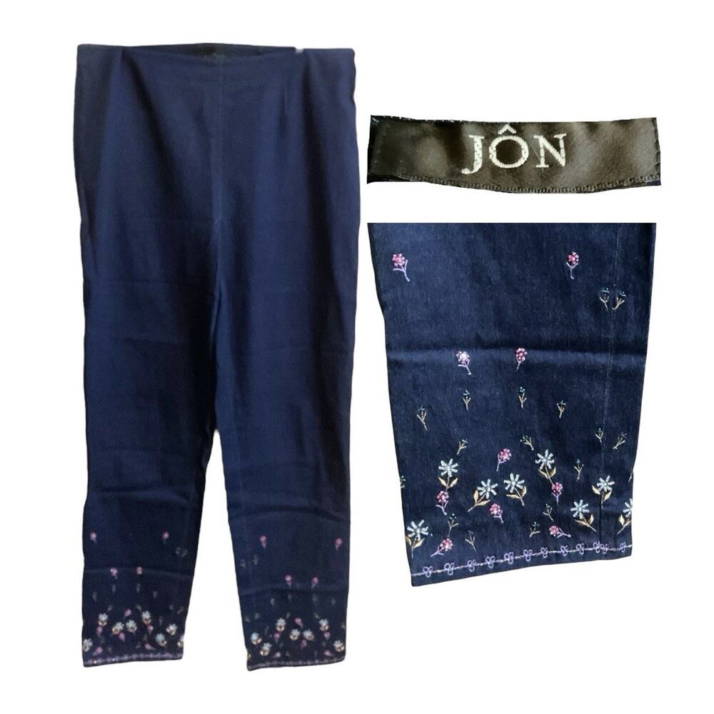JON by TERI JON Embroidered Dark Blue Wash Jean‎ Size 8 Ankle Pant Stretch-RARE